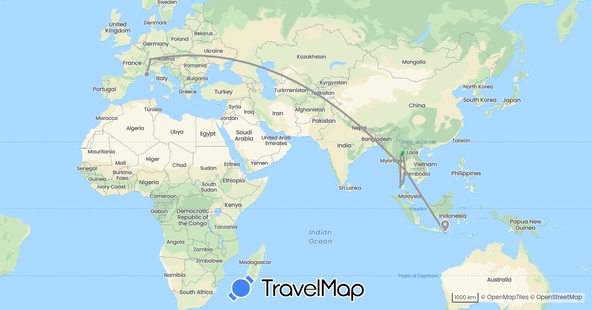 TravelMap itinerary: driving, bus, plane, boat in Switzerland, France, Indonesia, Thailand (Asia, Europe)